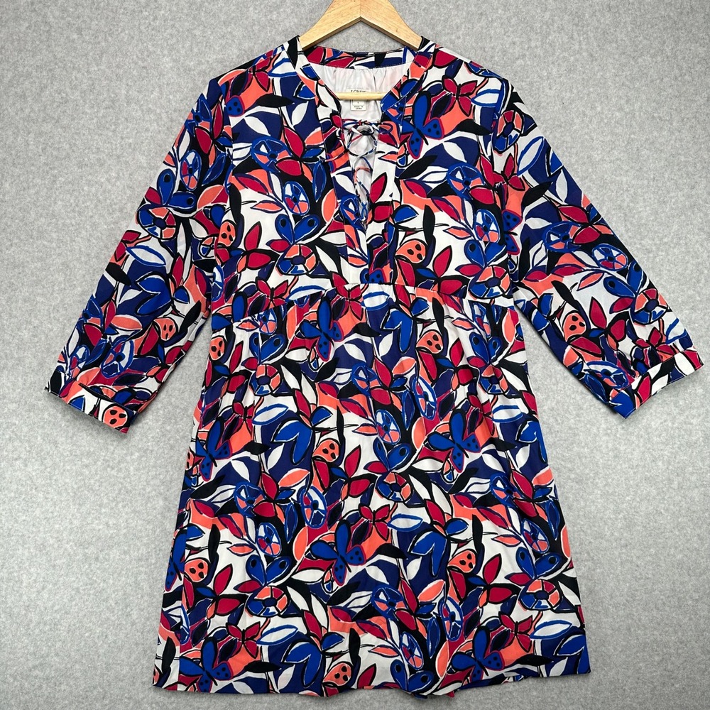 J Crew Women's Size L Floral Print Knee Length‎ Dress Lace Up Neck 3/4 Sleeve